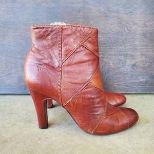 Frye Ava Shootie Heeled Ankle Boots Patchwork Leather Brown Tan Style 77871